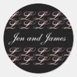 Monogram L Design and Wedding Names Black Seal Round Stickers