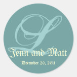 Monogram L Wedding Names Date Blue Cream Seal Round Stickers