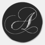 Monogram Letter A Sliver On Black Wedding Seal Round Sticker