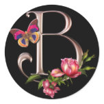 MONOGRAM LETTER B WITH ROSES AND BUTTERFLY ROUND STICKERS