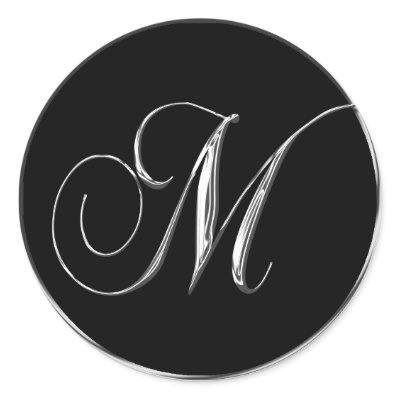 Monogram Letter M Sliver On Black Wedding Seal Round Stickers by TDSwhite