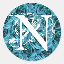 Monogram Letter N Blue Roses Sticker