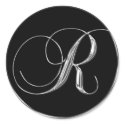 Monogram Letter R Sliver On Black Wedding Seal stickers
