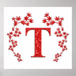 Monogram Letter T Red Leaves posters