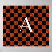 Monogram orange and black glitter checkered print