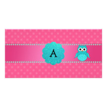 Monogram owl pink polka dots photo card template