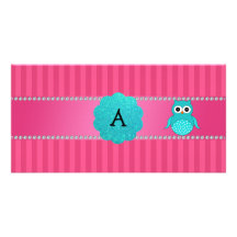 Monogram owl pink stripes customized photo card