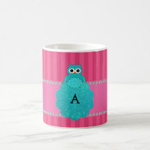 Monogram owl pink stripes mugs