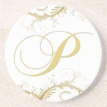 Monogram P Elegant Gold and Vines Drink Coaster