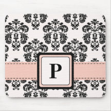 Monogram Pink and Black Damask Mouse Pad