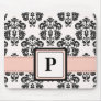 Monogram Pink and Black Damask Mouse Pad