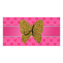 Monogram pink and gold butterfly photo card