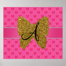 Monogram pink and gold butterfly posters