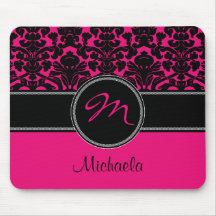 Monogram Pink Black White Damask Mousepad