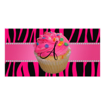 Monogram pink cupcake hot pink zebra stripes picture card