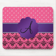Monogram pink damask and diamonds mouse pad