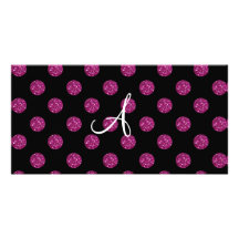 Monogram pink glitter polka dots personalized photo card