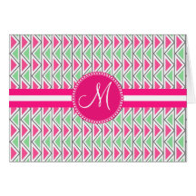 Monogram Pink Green Gray Triangle Tribal Pattern Greeting Cards