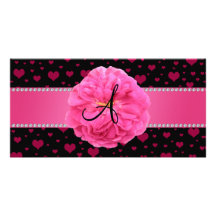 MOnogram pink hearts pink peony Custom Photo Card