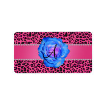 Monogram pink leopard blue rose address label