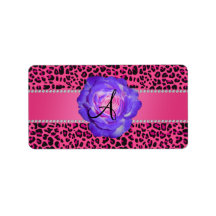 Monogram pink leopard purple rose personalized address labels