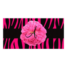 Monogram pink peony zebra stripes customized photo card