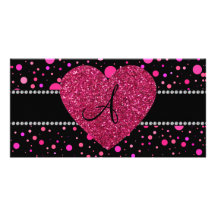 Monogram pink polka dots pink heart photo greeting card