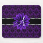 Monogram purple damask daisy flower mouse pads