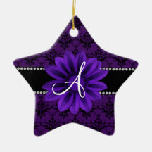 Monogram purple damask daisy flower christmas tree ornament
