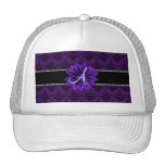 Monogram purple damask daisy flower trucker hats