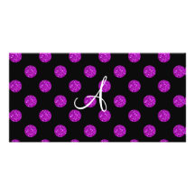 Monogram purple glitter polka dots custom photo card