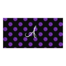 Monogram purple glitter polka dots photo greeting card