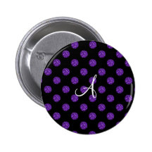 Monogram purple glitter polka dots pinback button