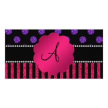 Monogram purple glitter polka dots pink stripes photo card template