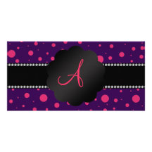 Monogram purple pink polka dots personalized photo card