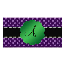 Monogram purple shamrocks customized photo card