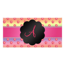 Monogram Rainbow pink rose Picture Card