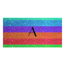 Monogram rainbow stripes glitter personalized photo card