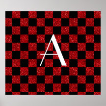 Monogram red and black glitter checkered posters