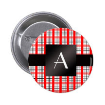 Monogram red and black plaid pinback button
