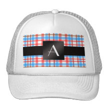 Monogram red and blue plaid trucker hats