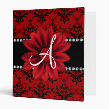 Monogram red damask daisy flower 3 ring binders