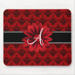 Monogram red damask daisy flower mouse pad