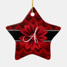 Monogram red damask daisy flower ornament