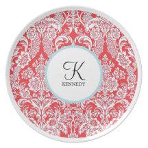 Monogram Red Damask |  Holiday Plates