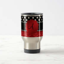 Monogram red damask white polka dots coffee mugs