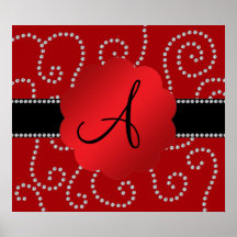 Monogram red diamond swirls print