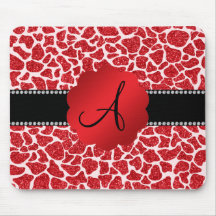 Monogram red glitter giraffe print mouse pad