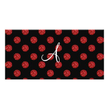 Monogram red glitter polka dots custom photo card
