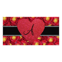 Monogram red roses red heart photo cards